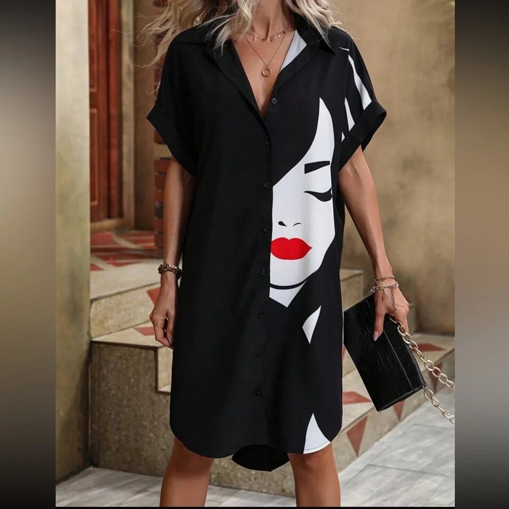 New SHEIN LUNE Figure Graphic Batwing Sleeve Shirt Dress - Picture 5 of 14